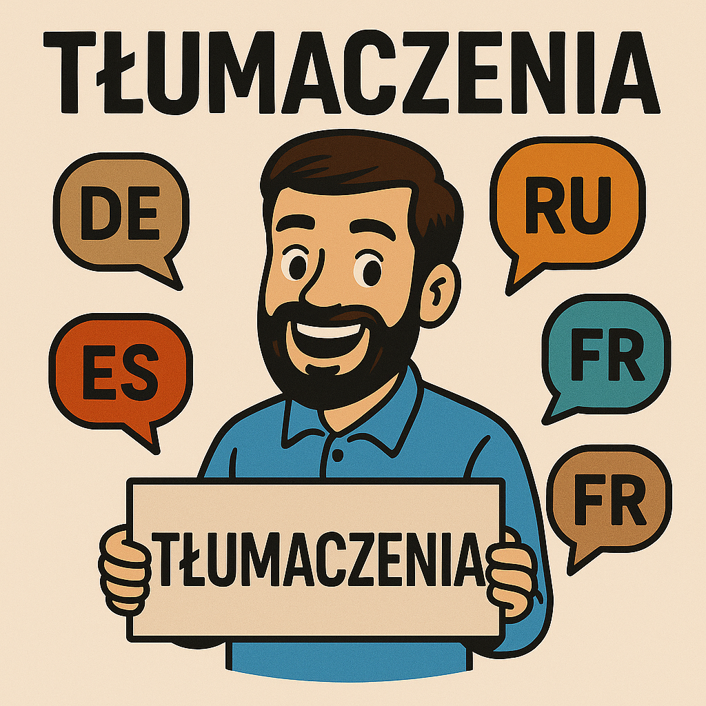 Tłumacz przysięgły Piaseczno trzymający tablicę „Tłumaczenia” z ikonami języków DE, ES, RU i FR