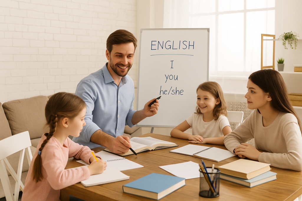 Korepetycje angielski Piaseczno z dojazdem — nauczyciel uczy dzieci w domu